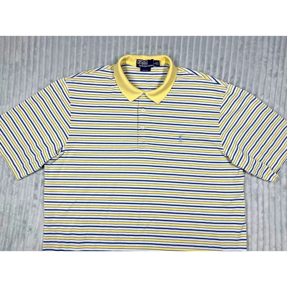 Polo Ralph Lauren Golf Fit Short Sleeve Shirt Men's L Striped Yellow Blue Preppy
